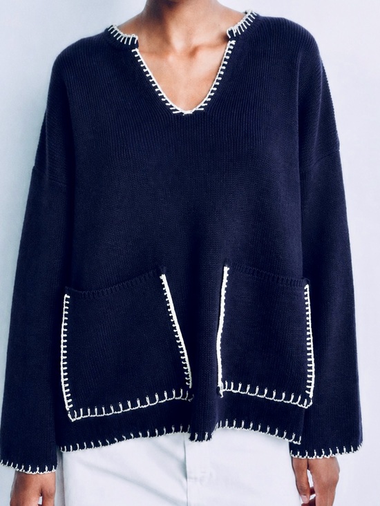 Zara Sweaters - ZARA Woven Heavy Sweater Navy Knit Top w White Stitching Front Pockets V-neck